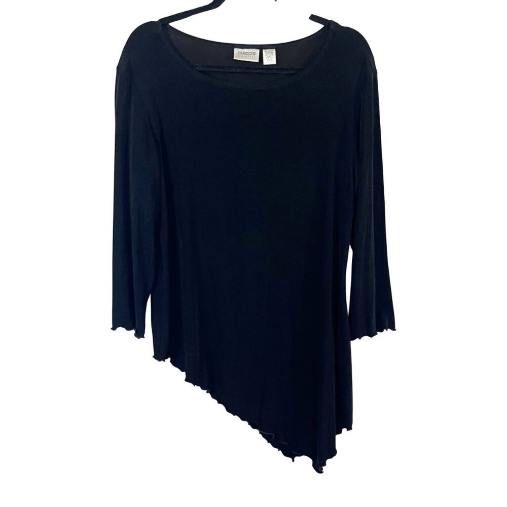Chico's Travelers Black Asymmetrical Lettuce Hem Tunic Top - Size 2, Large